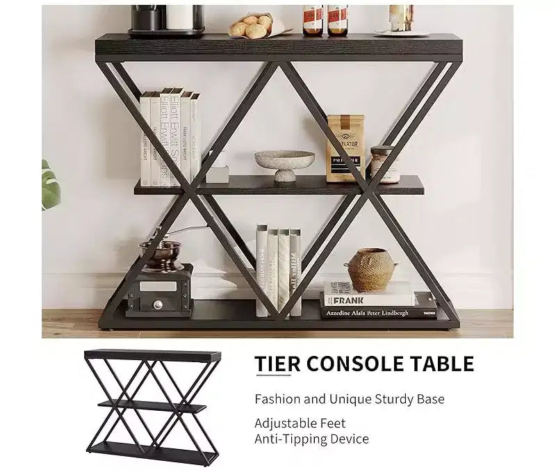 Console de table industrielle à 3 niveaux avec cadre en métal en forme de X, table console/canapé à étagère ouverte pour salon avec pieds réglables