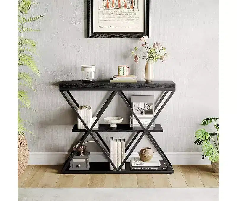 Console de table industrielle à 3 niveaux avec cadre en métal en forme de X, table console/canapé à étagère ouverte pour salon avec pieds réglables