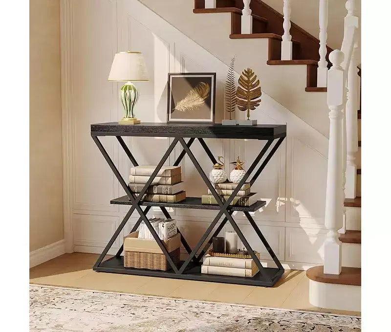 Console de table industrielle à 3 niveaux avec cadre en métal en forme de X, table console/canapé à étagère ouverte pour salon avec pieds réglables