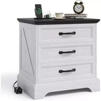 Table de chevet et d'appoint de style rustique de 24 pouces avec station de recharge et 3 grands tiroirs, petit espace, table d'appoint blanche, un paquet