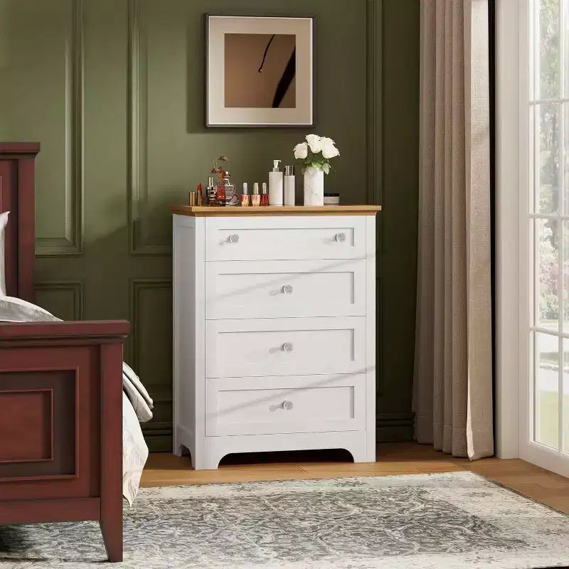 Table de chevet Acekool à 4 tiroirs avec plateau en verre, commode moderne pour chambre, salon, entrée