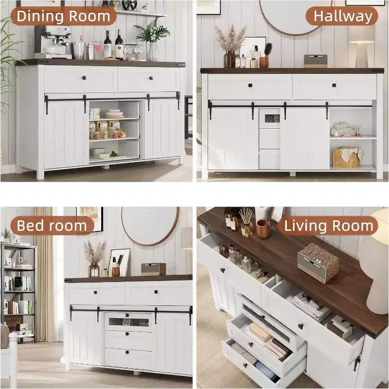 Buffet de ferme Acekool, Bahut de cuisine avec portes coulissantes façon grange et 5 tiroirs, Meuble de rangement pour bar à café pour salle à manger et salon