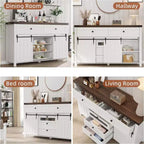 Buffet de ferme Acekool, Bahut de cuisine avec portes coulissantes façon grange et 5 tiroirs, Meuble de rangement pour bar à café pour salle à manger et salon