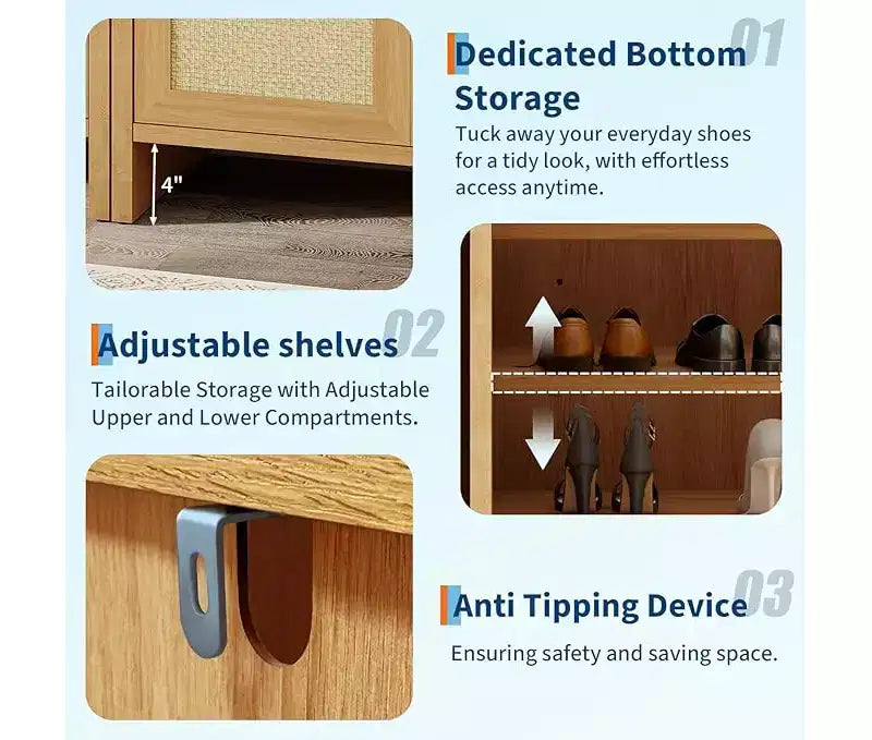 Meuble à chaussures en rotin avec portes en rotin ventilées et finition chaleureuse en grain de bois, étagères réglables pour un rangement flexible