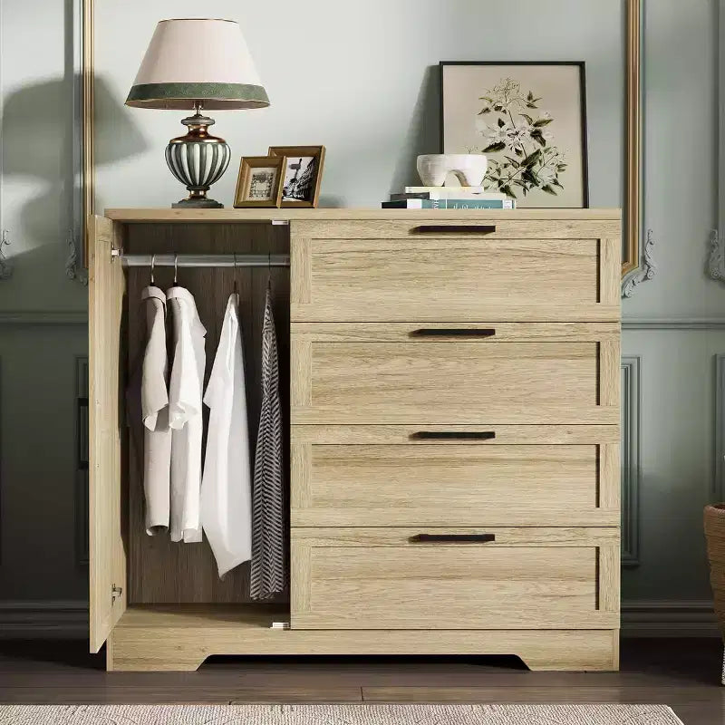 Armoire de chambre en bois Acekool, meuble de rangement de 43,3 po avec 4 tiroirs, porte et tringle de penderie