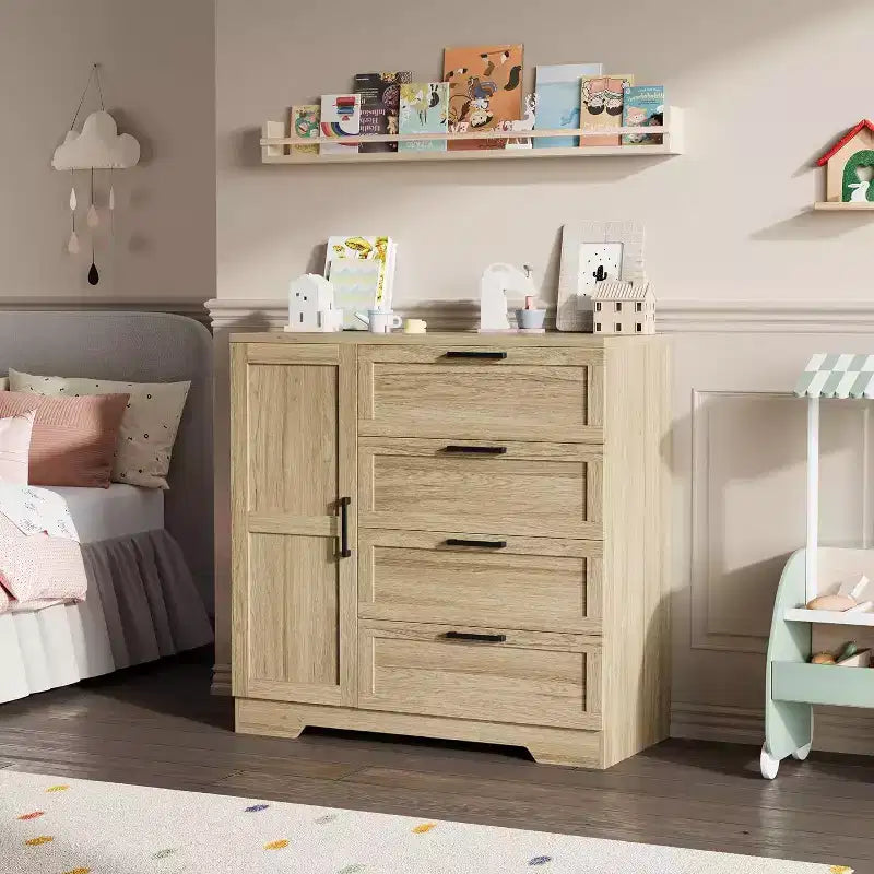 Armoire de chambre en bois Acekool, meuble de rangement de 43,3 po avec 4 tiroirs, porte et tringle de penderie