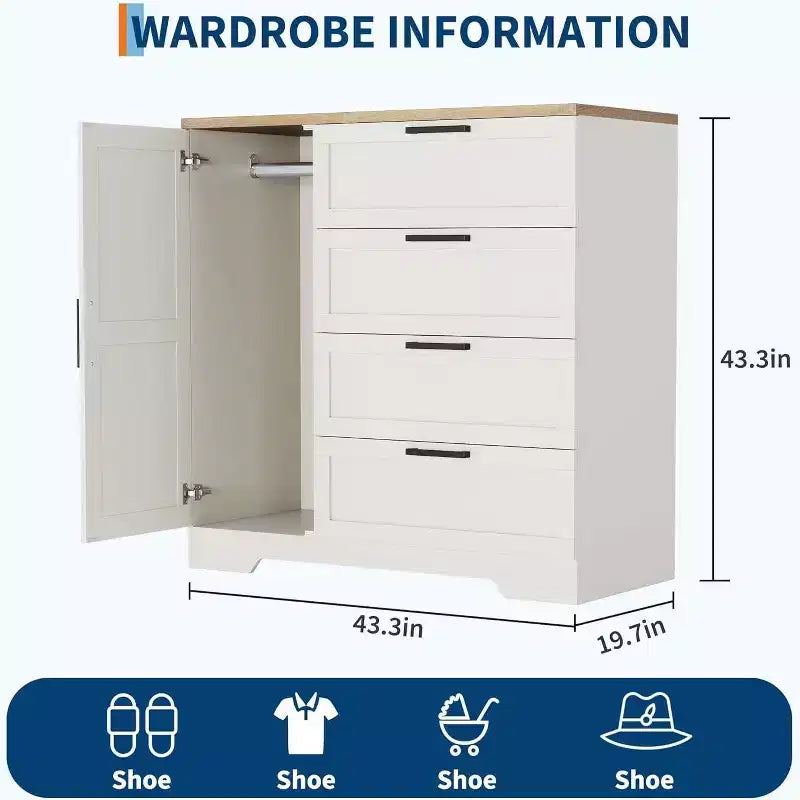 Armoire de chambre en bois Acekool, meuble de rangement de 43,3 po avec 4 tiroirs, porte et tringle de penderie