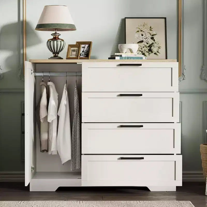 Armoire de chambre en bois Acekool, meuble de rangement de 43,3 po avec 4 tiroirs, porte et tringle de penderie