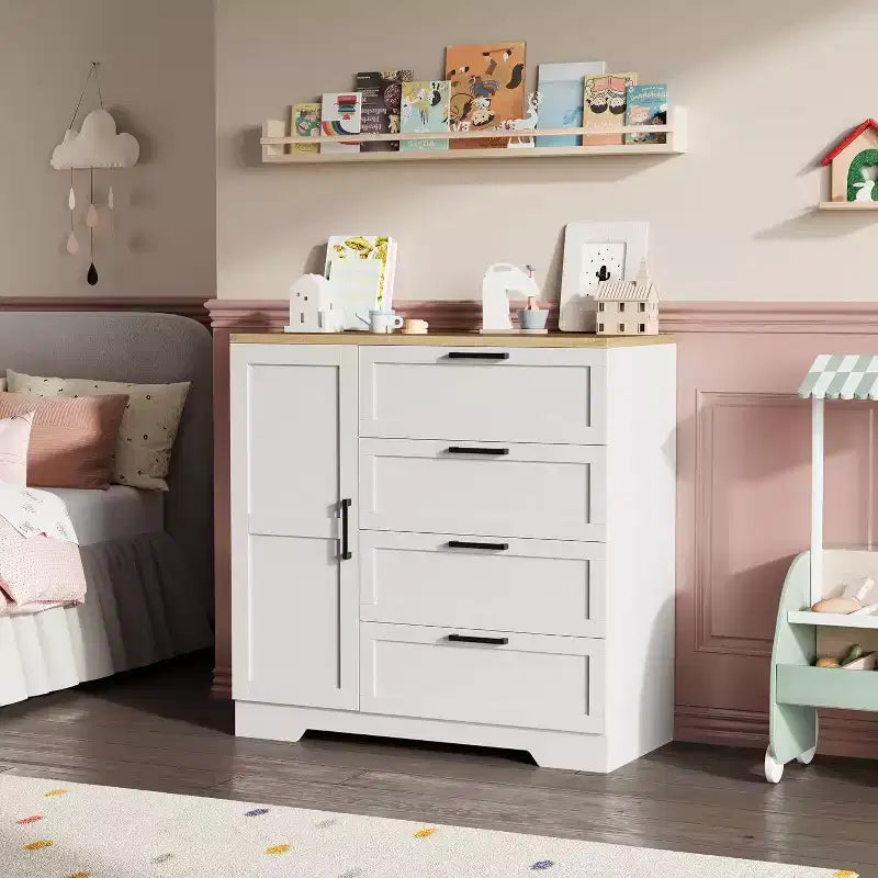 Armoire de chambre en bois Acekool, meuble de rangement de 43,3 po avec 4 tiroirs, porte et tringle de penderie