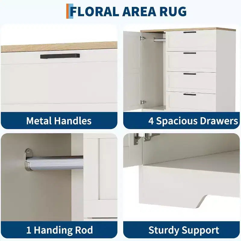 Armoire de chambre en bois Acekool, meuble de rangement de 43,3 po avec 4 tiroirs, porte et tringle de penderie