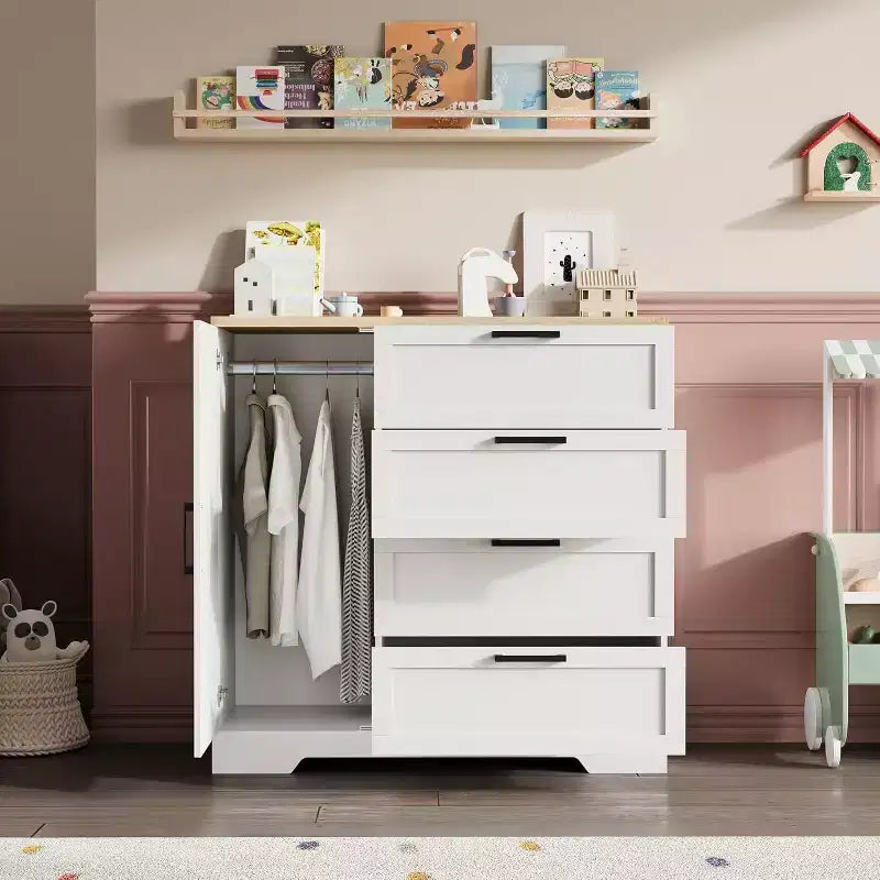 Armoire de chambre en bois Acekool, meuble de rangement de 43,3 po avec 4 tiroirs, porte et tringle de penderie