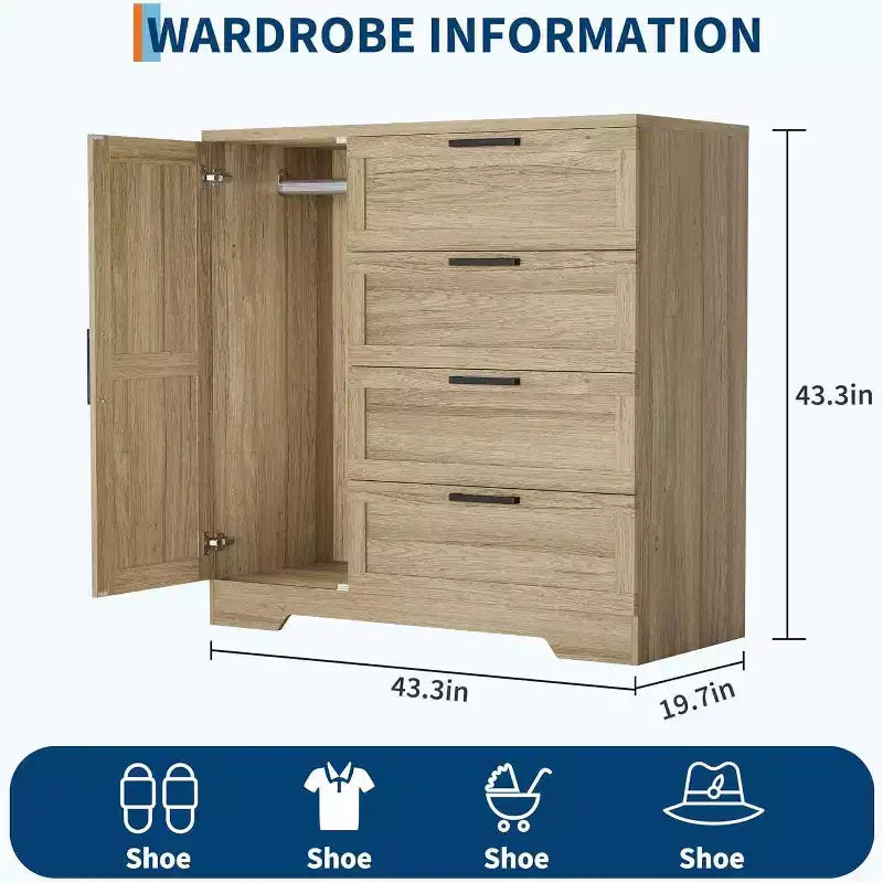 Armoire de chambre en bois Acekool, meuble de rangement de 43,3 po avec 4 tiroirs, porte et tringle de penderie