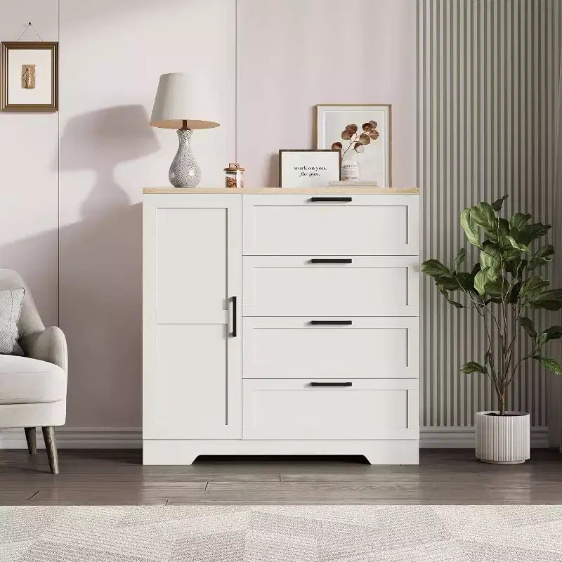 Acekool Wood Armoire Wardrobe Closet, 43.3 Bedroom Cabinet with 4 Drawers, Door & Hanging Rod Storage Organizer