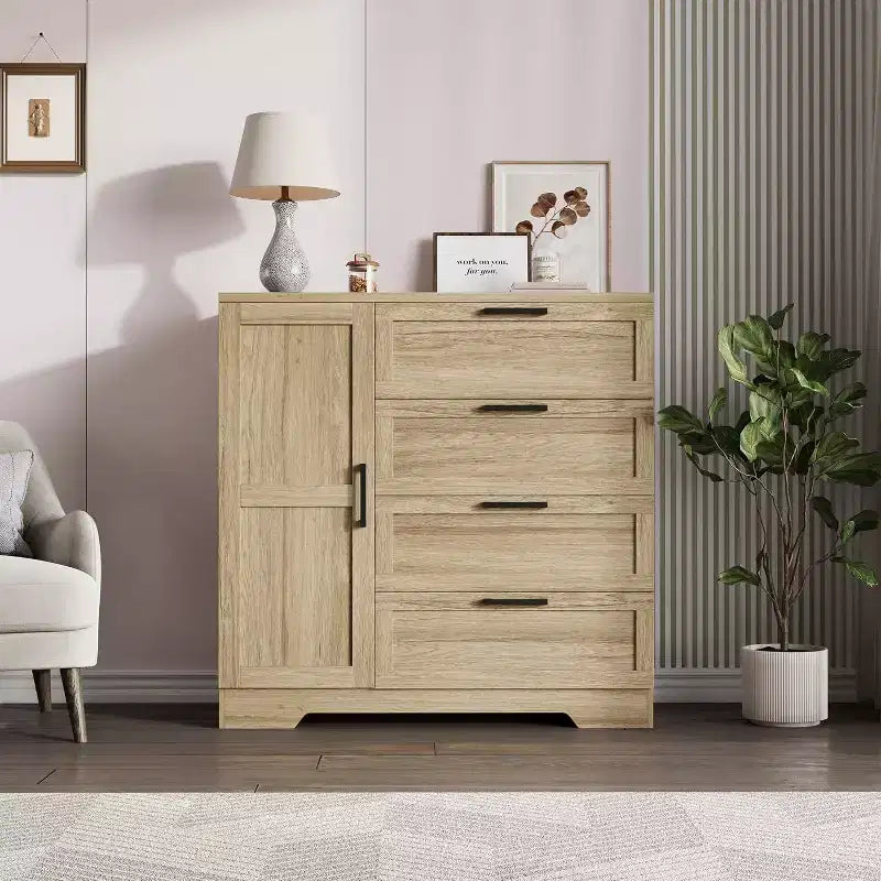 Armoire de chambre en bois Acekool, meuble de rangement de 43,3 po avec 4 tiroirs, porte et tringle de penderie