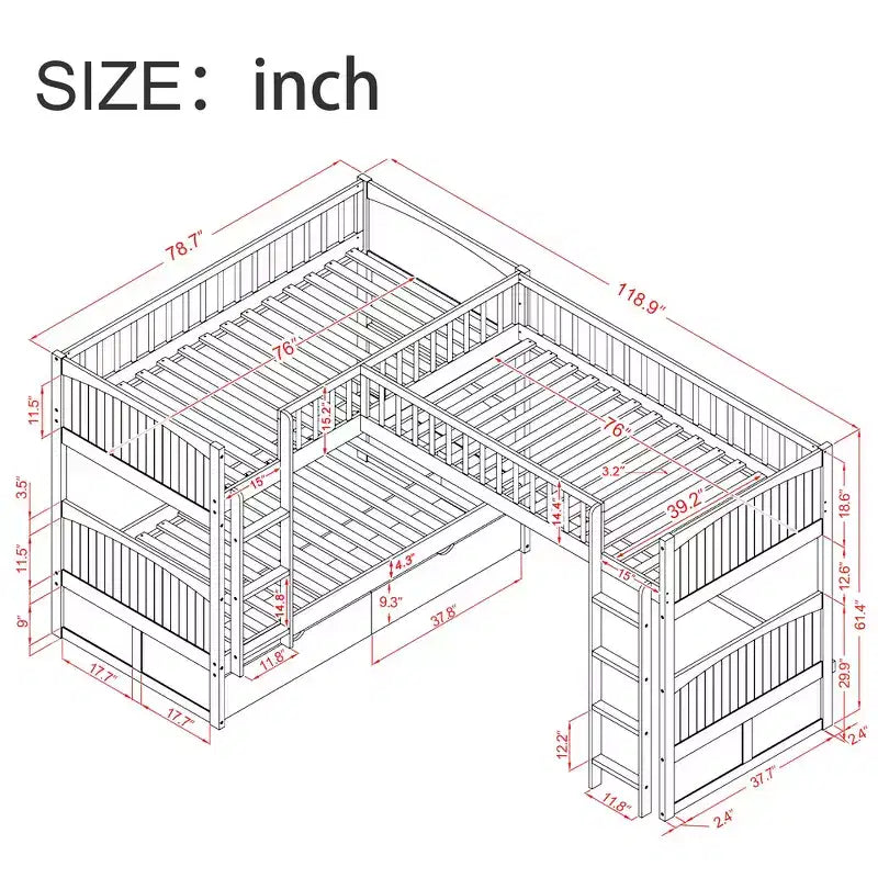 Lit superposé Whisen, format deux places, avec tiroirs intégrés et espace polyvalent sous le lit pour chambres d'enfants