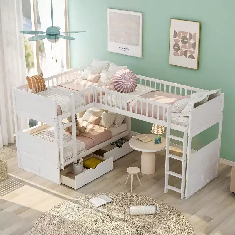 Lit superposé Whisen, format deux places, avec tiroirs intégrés et espace polyvalent sous le lit pour chambres d'enfants