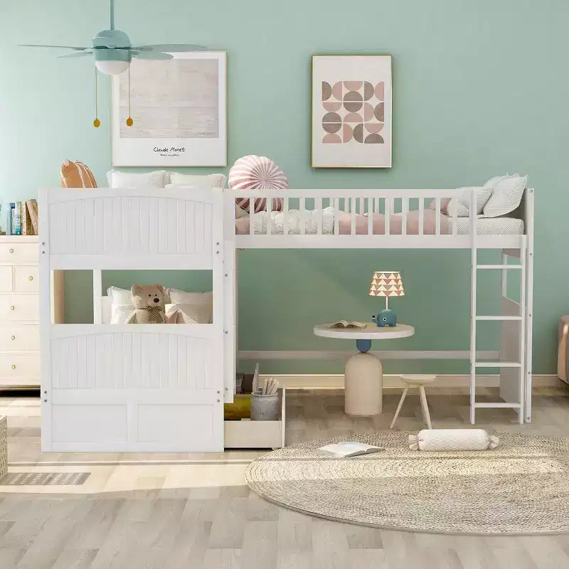 Lit superposé Whisen, format deux places, avec tiroirs intégrés et espace polyvalent sous le lit pour chambres d'enfants