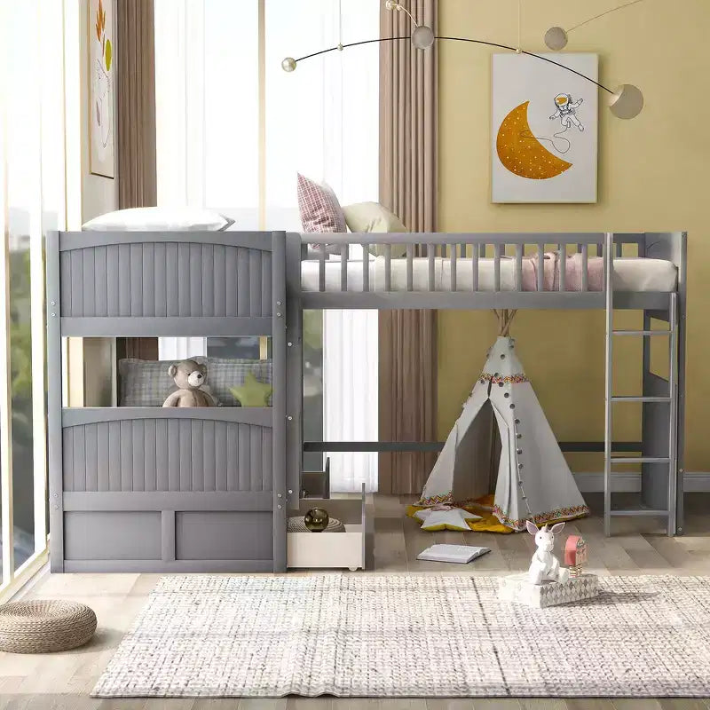 Lit superposé Whisen, format deux places, avec tiroirs intégrés et espace polyvalent sous le lit pour chambres d'enfants