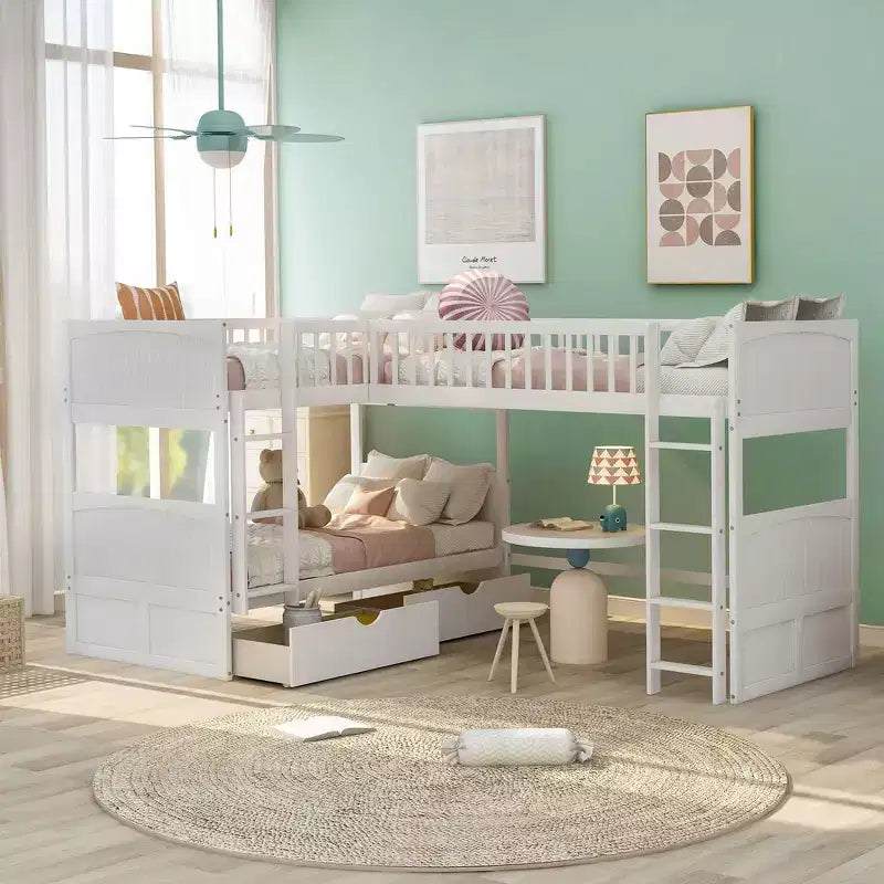 Lit superposé Whisen, format deux places, avec tiroirs intégrés et espace polyvalent sous le lit pour chambres d'enfants