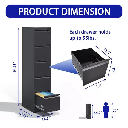Meuble de classement vertical à 5 tiroirs avec serrure, armoire de classement métallique verrouillable pour bureau à domicile, armoire de rangement de dossiers pour format A4/Lettre/Légal