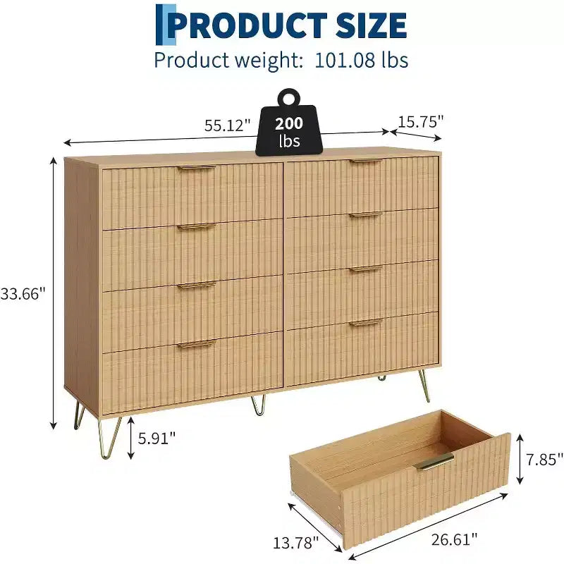 Commode moderne en bois à 8 tiroirs cannelés de 55" avec poignées métalliques - Organisateur de rangement polyvalent et meuble TV pour chambre et salon.