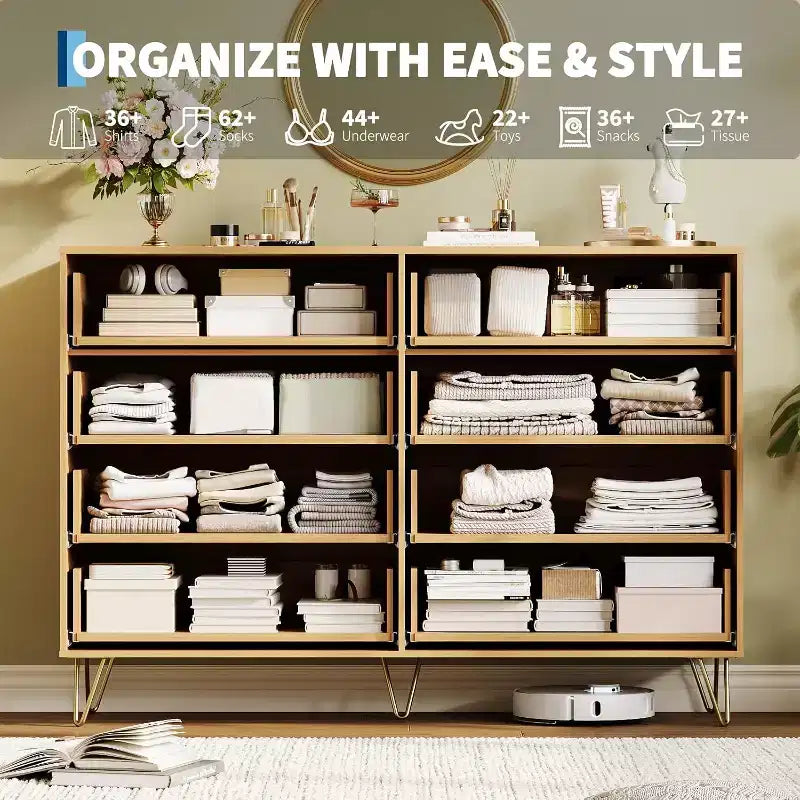 Commode moderne en bois à 8 tiroirs cannelés de 55" avec poignées métalliques - Organisateur de rangement polyvalent et meuble TV pour chambre et salon.