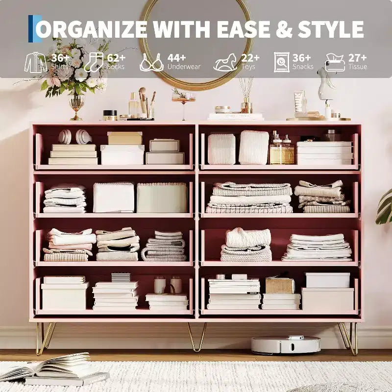 Commode moderne en bois à 8 tiroirs cannelés de 55" avec poignées métalliques - Organisateur de rangement polyvalent et meuble TV pour chambre et salon.