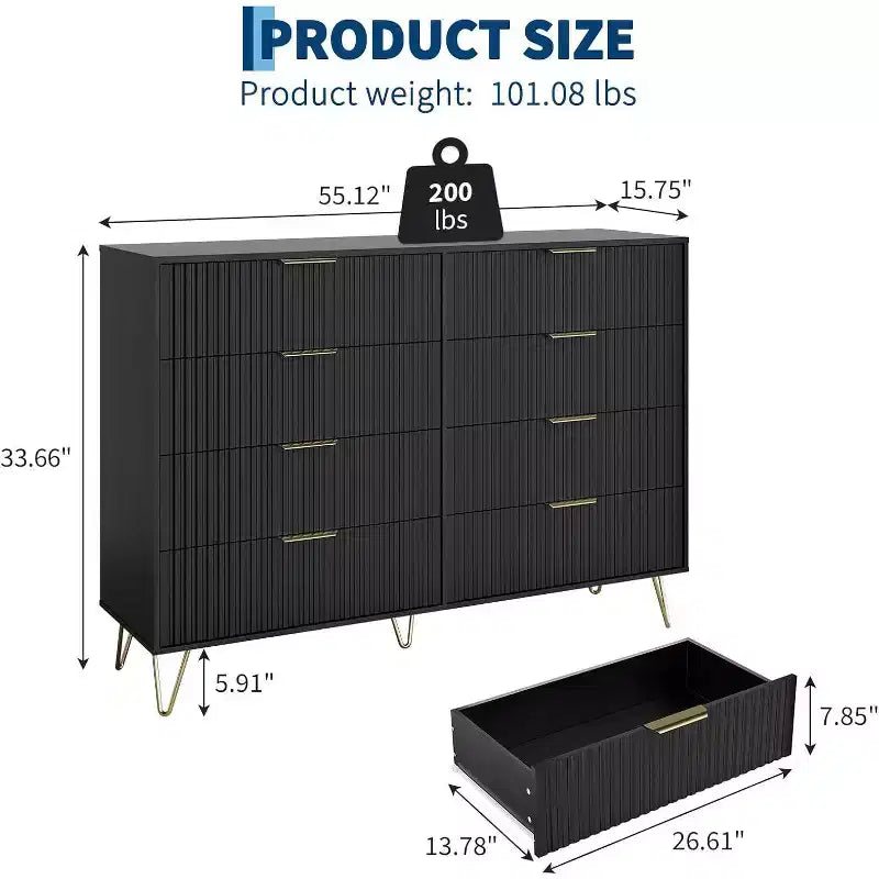 Commode moderne en bois à 8 tiroirs cannelés de 55" avec poignées métalliques - Organisateur de rangement polyvalent et meuble TV pour chambre et salon.