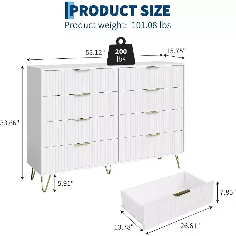 Commode moderne en bois à 8 tiroirs cannelés de 55" avec poignées métalliques - Organisateur de rangement polyvalent et meuble TV pour chambre et salon.
