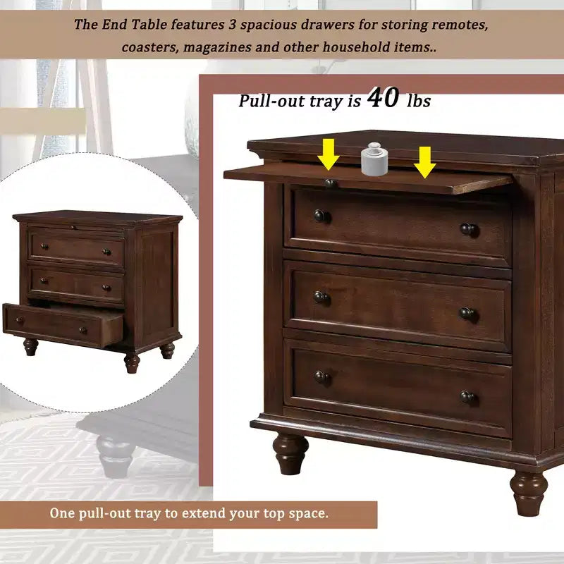 Table de chevet avec 3 tiroirs, pieds en bois massif, tablette coulissante en bois de pin, table d'appoint moderne.