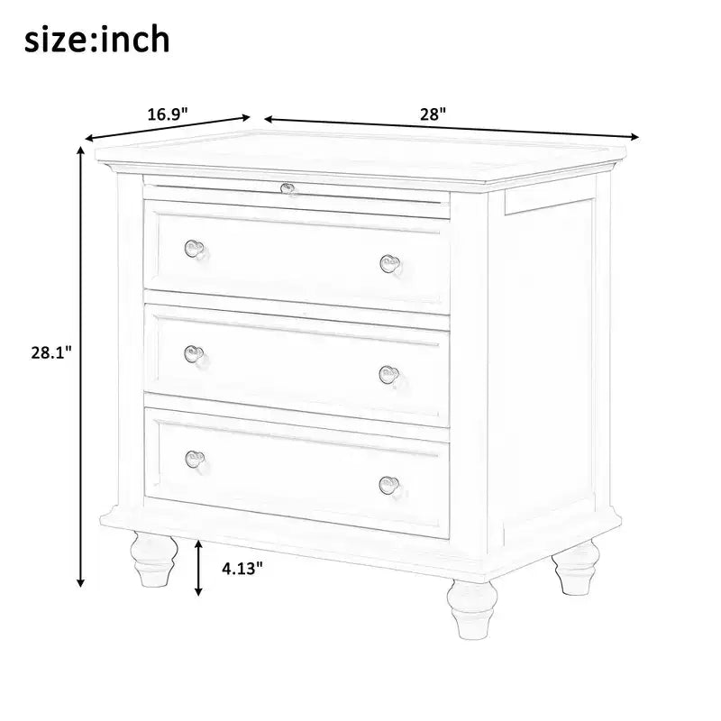 Table de chevet avec 3 tiroirs, pieds en bois massif, tablette coulissante en bois de pin, table d'appoint moderne.