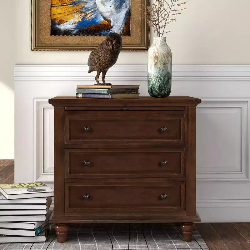 Table de chevet avec 3 tiroirs, pieds en bois massif, tablette coulissante en bois de pin, table d'appoint moderne.