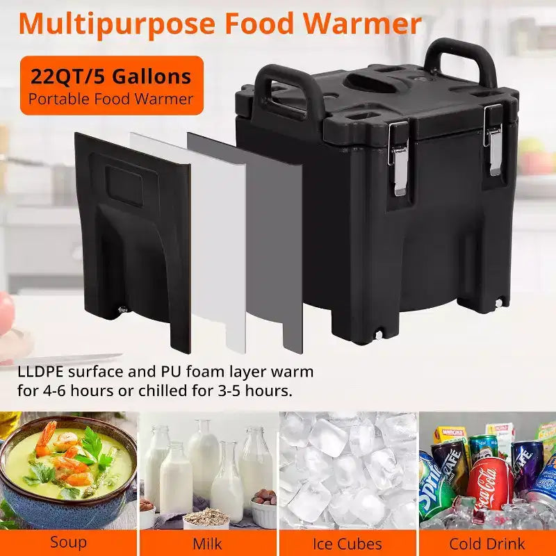 Bac isotherme de transport alimentaire, capacité de 20,8 L, boîte chaude empilable, avec cuillère, roues et fermeture sécurisée, pour la restauration, les réunions de famille, les cantines, les restaurants