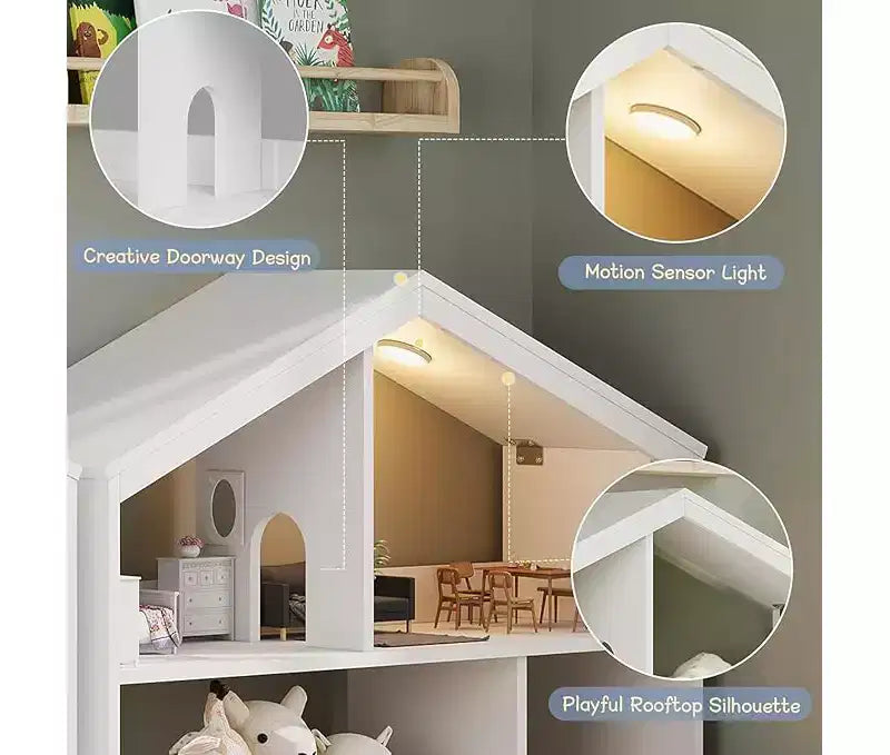 Étagère à Livres et Organisateur de Rangement de Jouets pour Enfants à 3 Niveaux avec Lumière à Détecteur de Mouvement C Porte-Livres en Bois pour Salles de Jeux, Salles de Classe et Chambres à Coucher