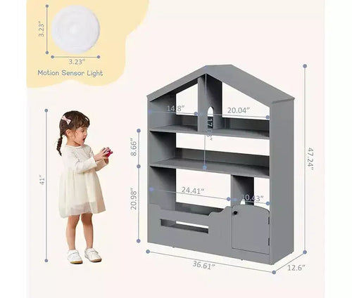 Étagère à Livres et Organisateur de Rangement de Jouets pour Enfants à 3 Niveaux avec Lumière à Détecteur de Mouvement C Porte-Livres en Bois pour Salles de Jeux, Salles de Classe et Chambres à Coucher