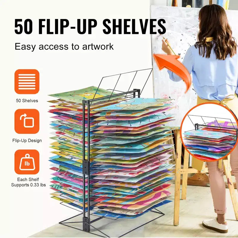 Séchoir d'art VEVOR, 50 étagères amovibles 50 x 43 x 76 cm, support de séchage pour peinture avec base stable, séchoir en acier au carbone, noir