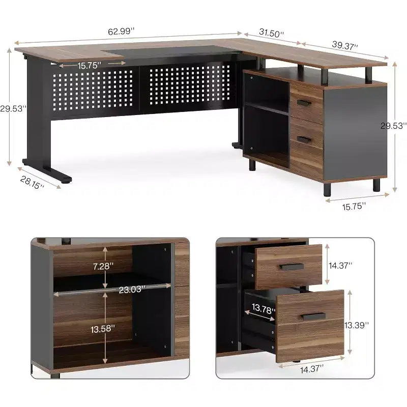 Bureau de direction Lantine de 160 cm avec classeur, grand bureau d'angle en L avec tiroirs pour bureau à domicile, marron et noir