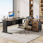 Bureau de direction Lantine de 160 cm avec classeur, grand bureau d'angle en L avec tiroirs pour bureau à domicile, marron et noir