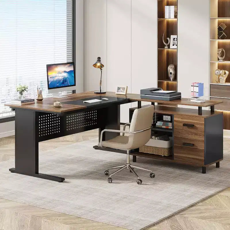 Bureau de direction Lantine de 160 cm avec classeur, grand bureau d'angle en L avec tiroirs pour bureau à domicile, marron et noir