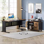 Bureau de direction Lantine de 160 cm avec classeur, grand bureau d'angle en L avec tiroirs pour bureau à domicile, marron et noir