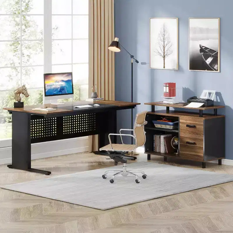 Bureau de direction Lantine de 160 cm avec classeur, grand bureau d'angle en L avec tiroirs pour bureau à domicile, marron et noir