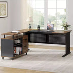 Bureau de direction Lantine de 160 cm avec classeur, grand bureau d'angle en L avec tiroirs pour bureau à domicile, marron et noir