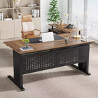 Bureau de direction Lantine de 160 cm avec classeur, grand bureau d'angle en L avec tiroirs pour bureau à domicile, marron et noir