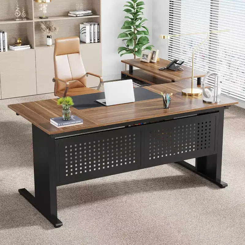 Bureau de direction Lantine de 160 cm avec classeur, grand bureau d'angle en L avec tiroirs pour bureau à domicile, marron et noir