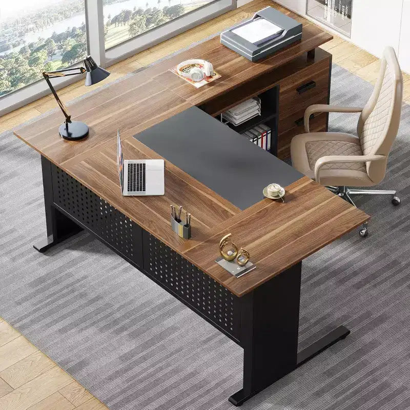 Bureau de direction Lantine de 160 cm avec classeur, grand bureau d'angle en L avec tiroirs pour bureau à domicile, marron et noir