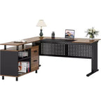 Bureau de direction Lantine de 160 cm avec classeur, grand bureau d'angle en L avec tiroirs pour bureau à domicile, marron et noir