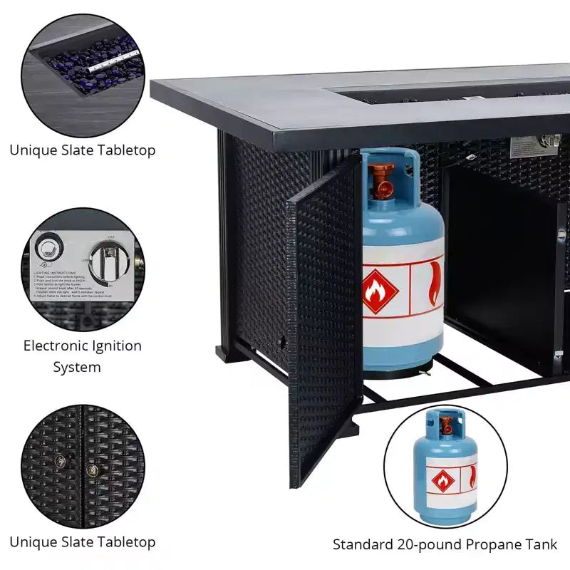 Table Foyer, 52'' 2-en-1 50 000 BTU Foyer Extérieur au Gaz Foyer Rectangulaire au Propane avec Protection en Verre/Couvercle/Rangement/Housses