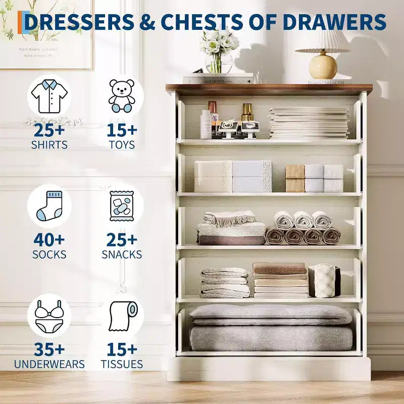 Commode haute 5 tiroirs cannelée avec poignées métalliques, rangement en bois peu encombrant pour appartement et chambre d'amis