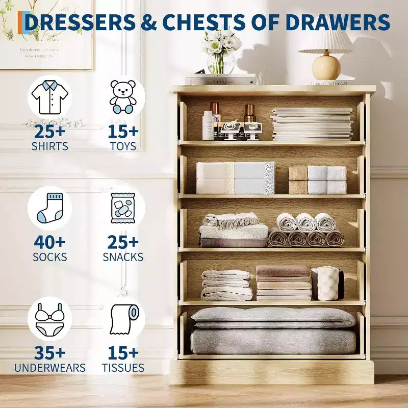 Commode haute 5 tiroirs cannelée avec poignées métalliques, rangement en bois peu encombrant pour appartement et chambre d'amis