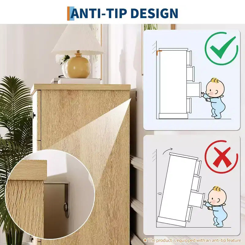 Commode haute 5 tiroirs cannelée avec poignées métalliques, rangement en bois peu encombrant pour appartement et chambre d'amis